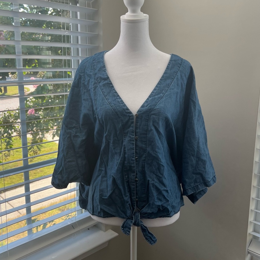 Express EUC Denim Blouse Shirt Size XL Large Sleeves Front Waist Tie